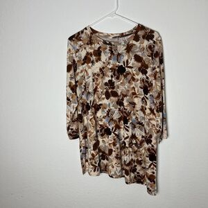 LOGO Lori Goldstein Shirt Womens Medium Brown Blue Floral Pockets Stretch Tunic